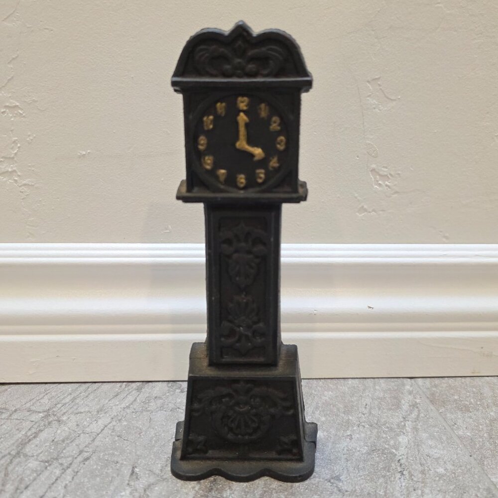 Vintage Antique Cast Iron Grandfather Clock Penny Coin Still Bank - 9.5"